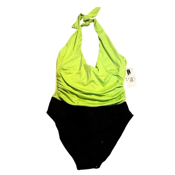 Miraclesuit One Piece Swimsuit Women Size 16 Green Black Halter Ruched Shaper - Picture 1 of 9